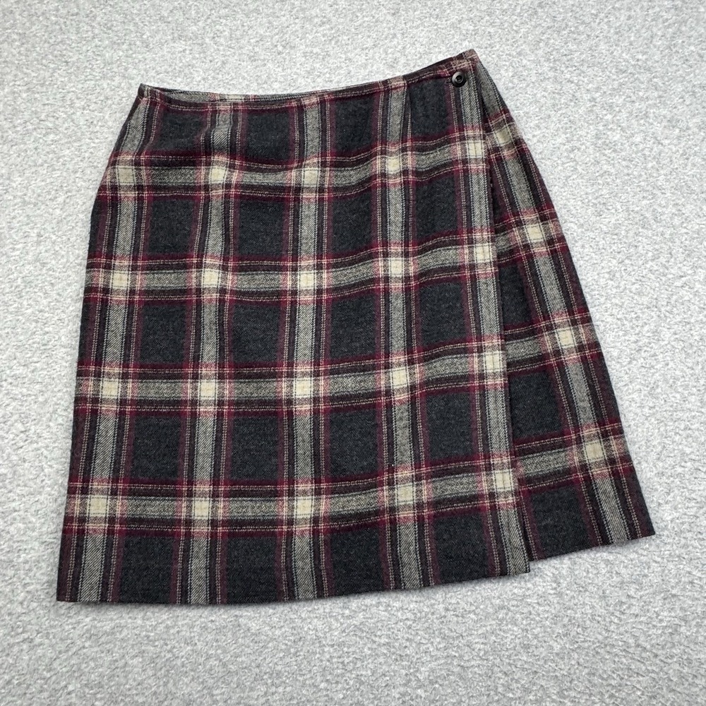 Madison & Max Tartan Plaid Wrap Skirt Womens 6 Gray Red Wool Blend‎ Button Lined